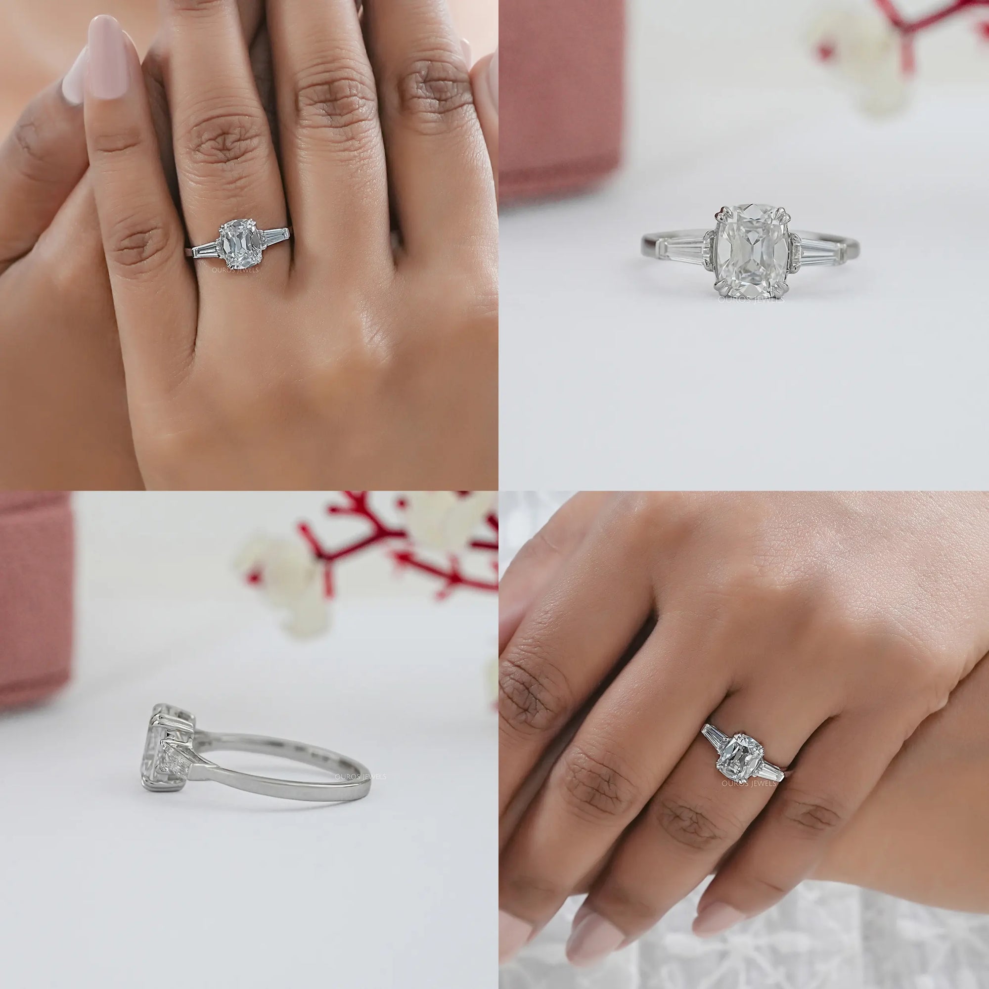 Three Stone Old Mine Cushion Cut Diamond Engagement Ring Ring