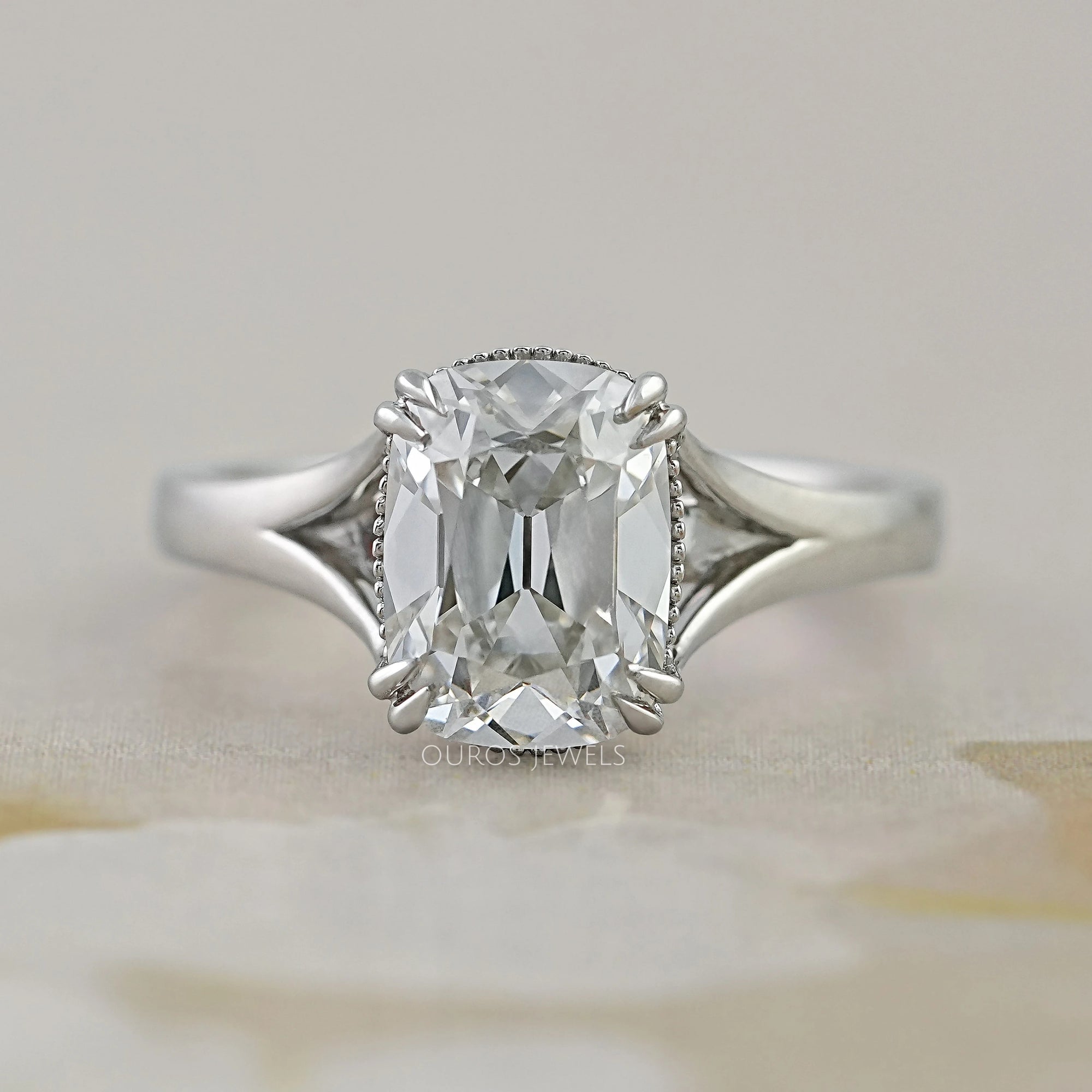 Old Mine Cushion Cut Split Shank Engagement Ring Ring