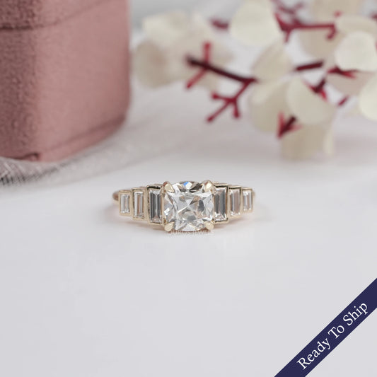 Old Mine Cushion Diamond And Accent Baguette Ring