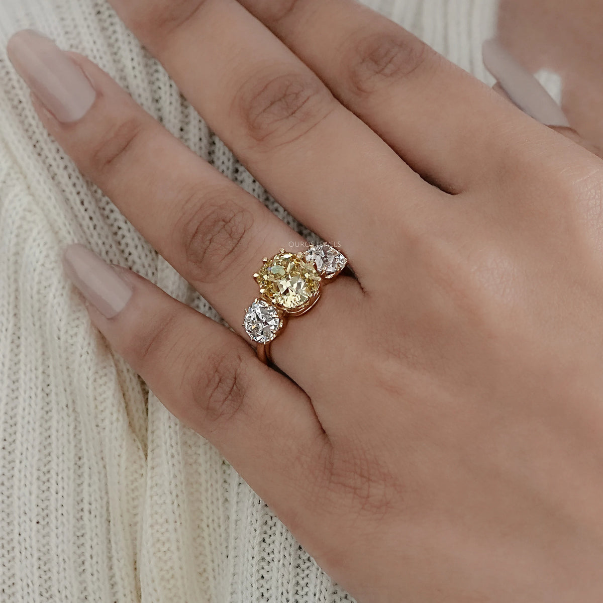 Fancy Yellow Old Mine Cushion Diamond Three Stone Ring Rings