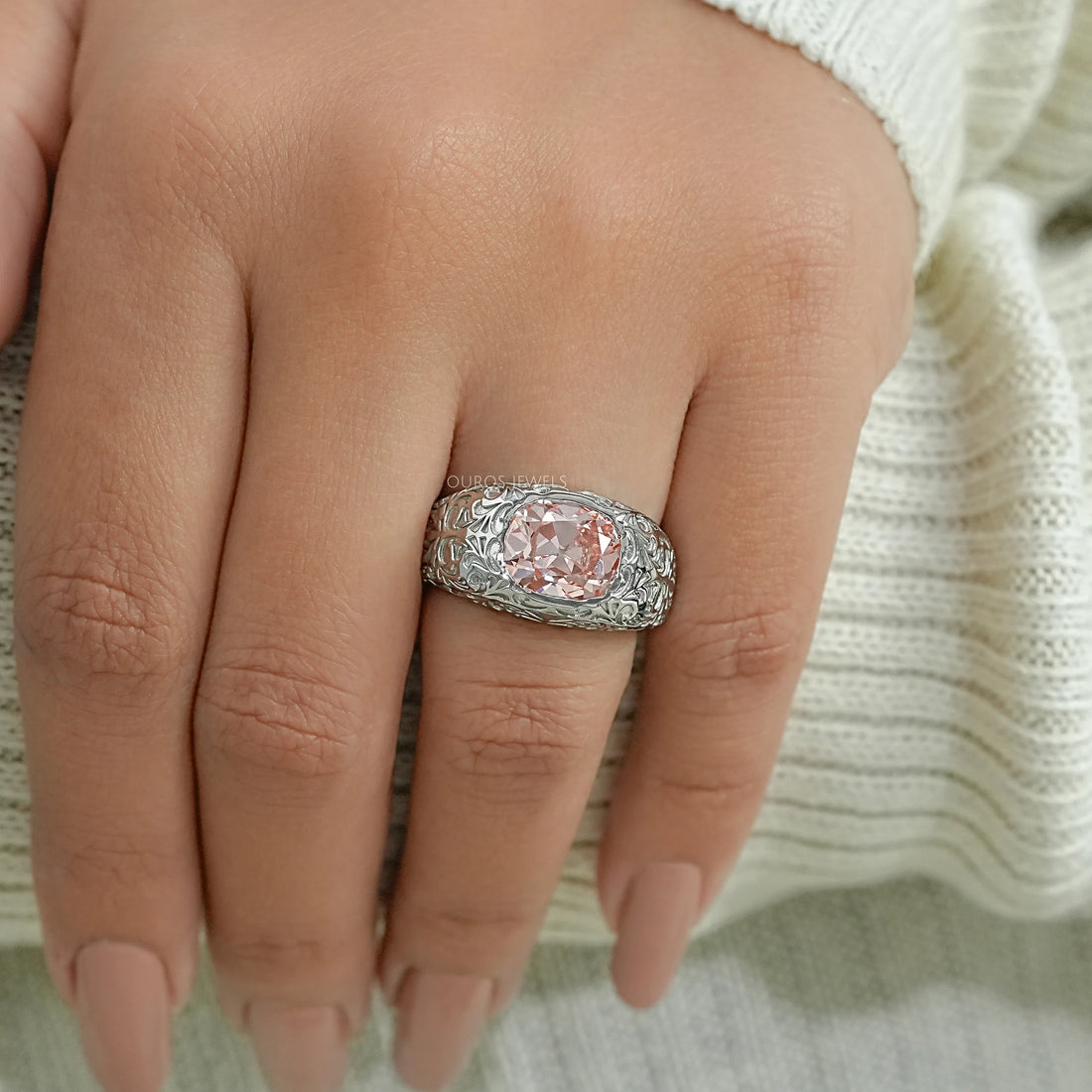 Filigree Set Old Mine Cushion Wedding Band Ring