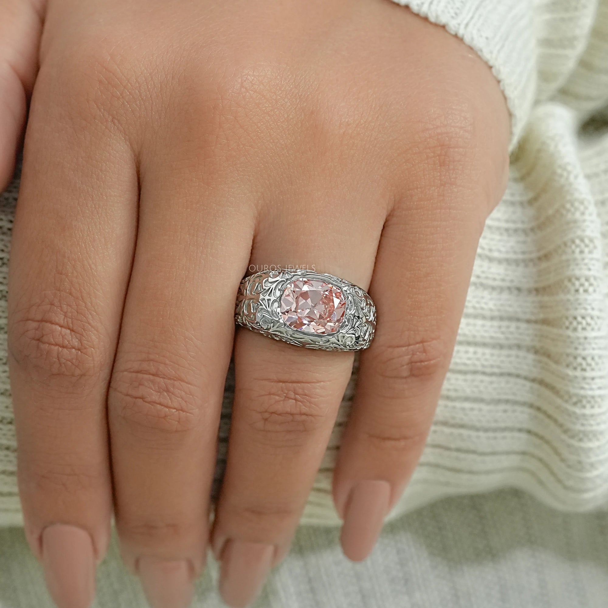 Filigree Set Old Mine Cushion Wedding Band Ring
