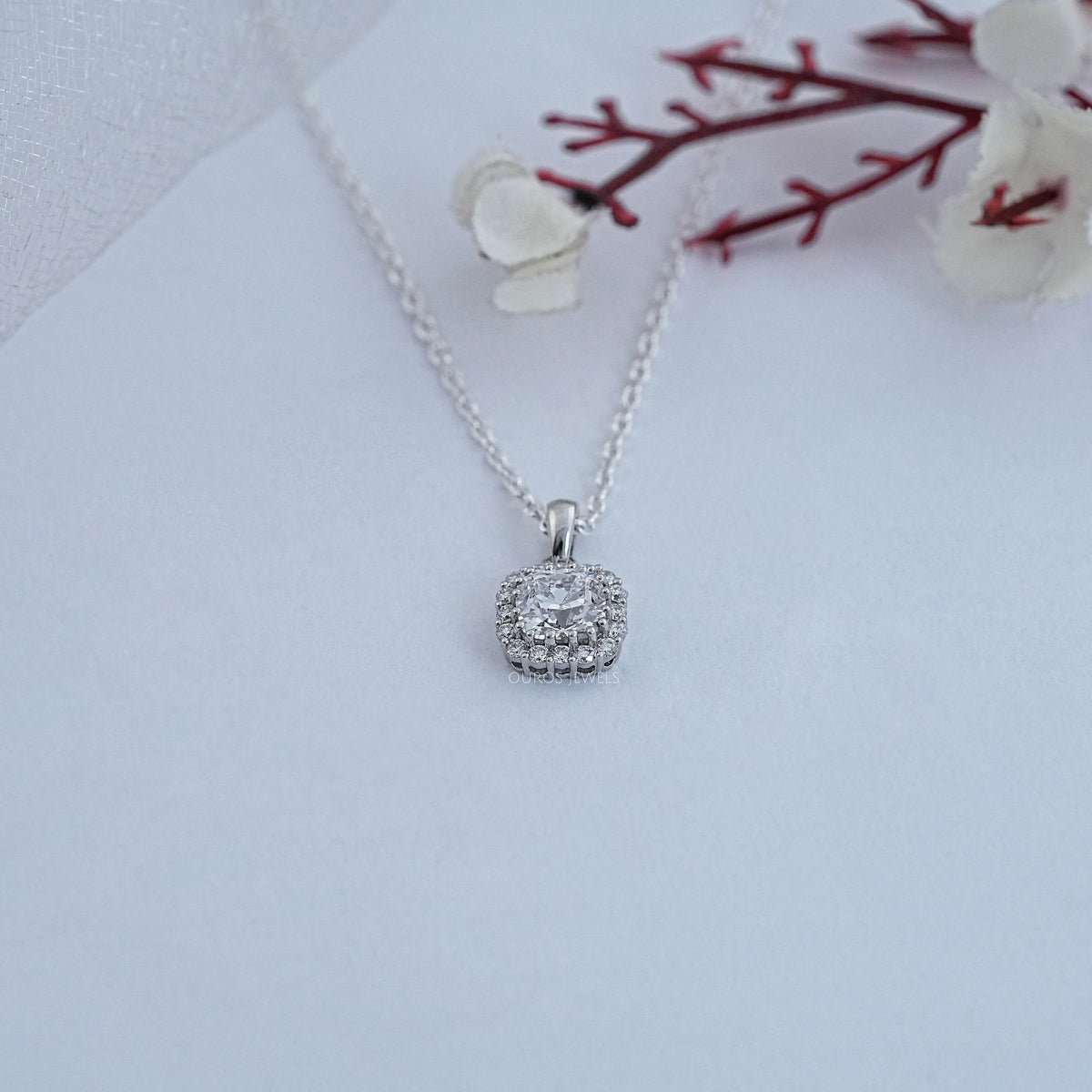 Old Mine Cushion Lab Diamond Halo Pendant Necklaces