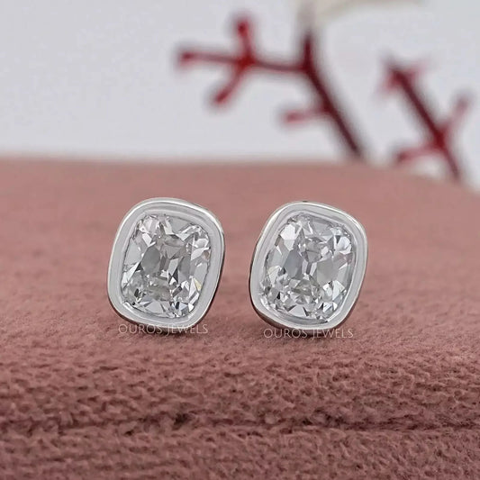 Old Mine Cushion Diamond Bezel Set Stud Earrings Earrings