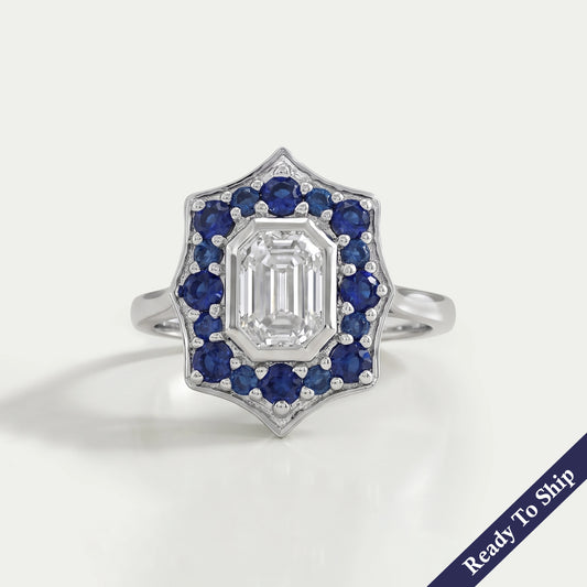 Bezel Set Old Mine Emerald Diamond Halo Gemstone Ring Rings