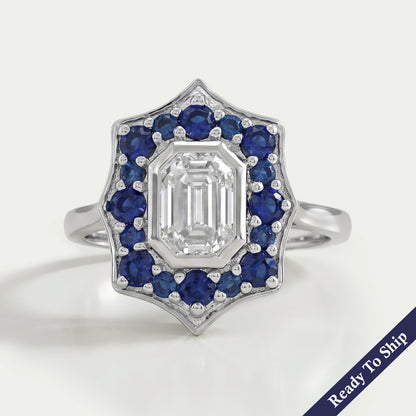 Bezel Set Old Mine Emerald Diamond Halo Gemstone Ring Rings