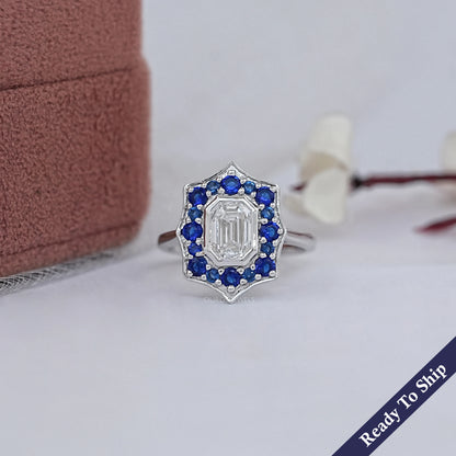 Bezel Set Old Mine Emerald Diamond Halo Gemstone Ring Rings