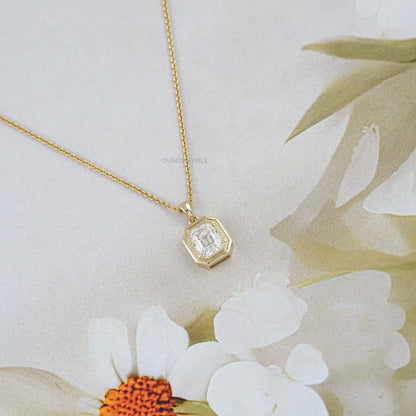 Old Mine Emerald Lab Diamond Milgrain Bezel Set Pendant Necklaces