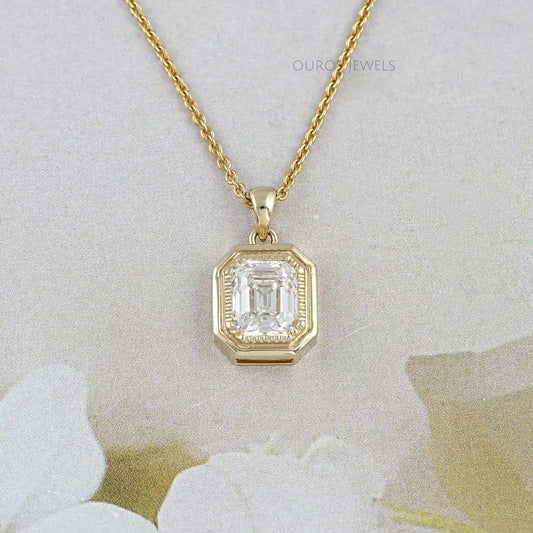 Old Mine Emerald Lab Diamond Milgrain Bezel Set Pendant Necklaces
