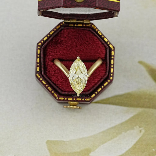 yellow old mine marquise diamond V-shape solitaire colored wedding ring in jewelry box