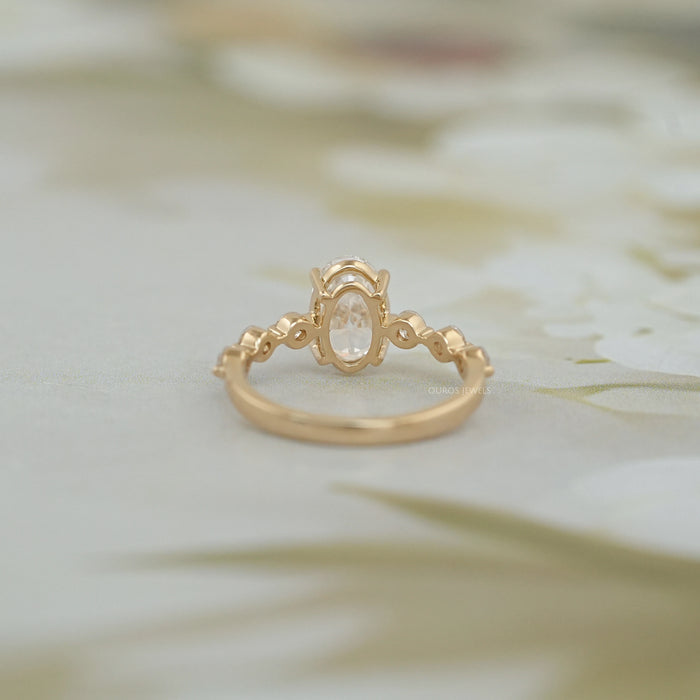 back view of old mine moval cut lab diamond solitaire accent engagement ring