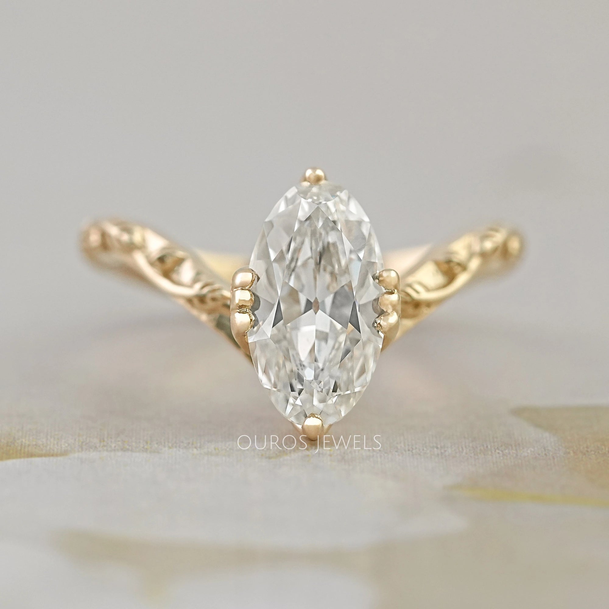 Old Mine Moval Cut Engraved Curved Engagement Ring Rings