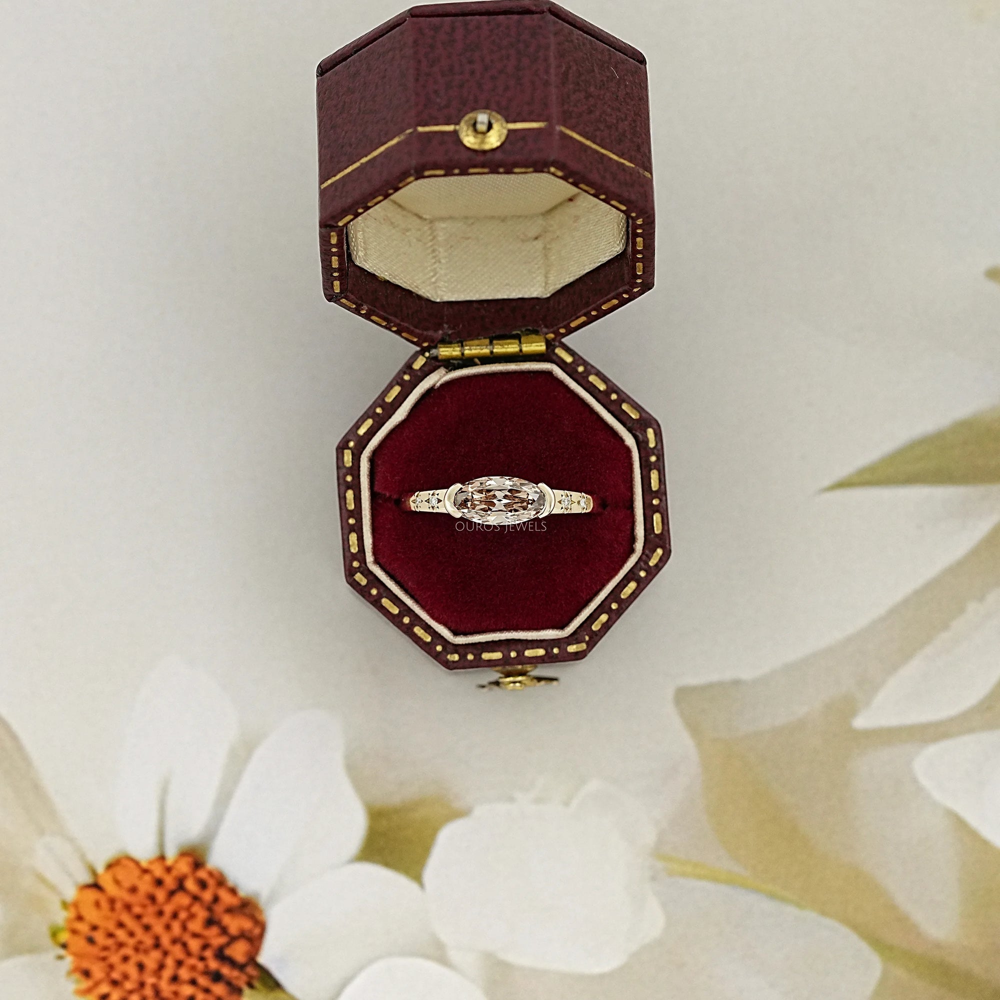 Champagne East West Old Mine Moval Half Bezel Accent Ring Rings