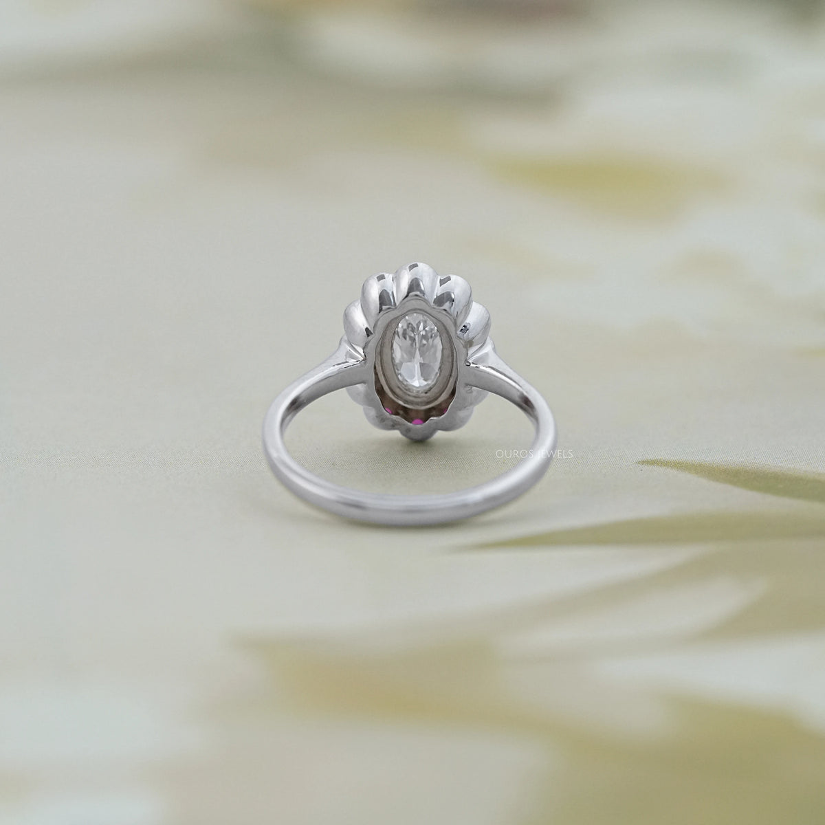 Old Mine Oval Cut Pink Halo Floral Engagement Ring Ring