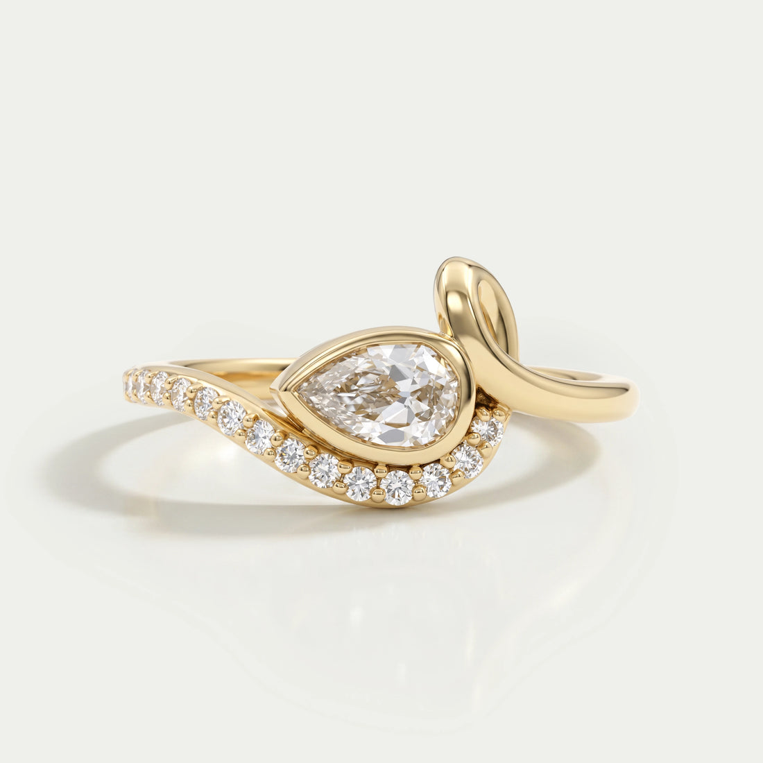 Bezel Old Mine Pear Diamond Wave Accent Ring Ring