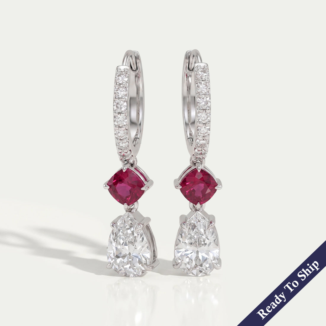 Old Mine Pear Diamond And Ruby Cushion Drop Hoop Earrings Earrings