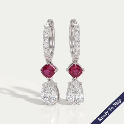 Old Mine Pear Diamond And Ruby Cushion Drop Hoop Earrings Earrings