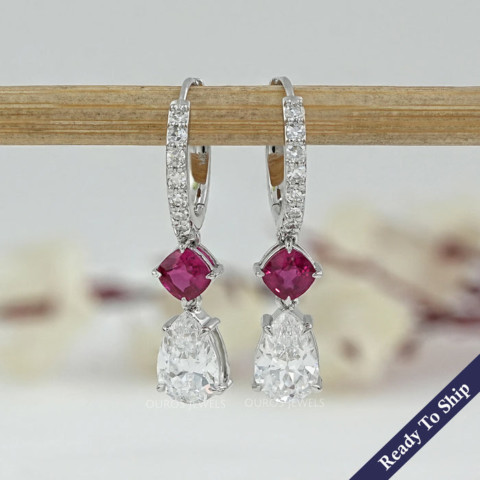Old Mine Pear Diamond And Ruby Cushion Drop Hoop Earrings
