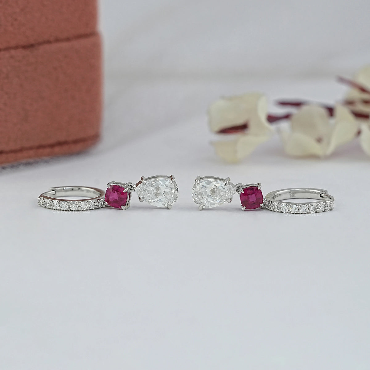 Old Mine Pear Diamond And Ruby Cushion Drop Hoop Earrings Earrings
