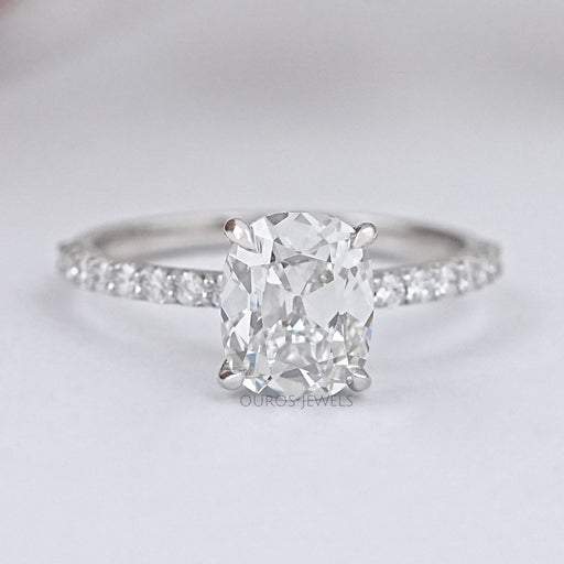 front view of old mine cushion cut lab diamond solitaire accent wedding ring
