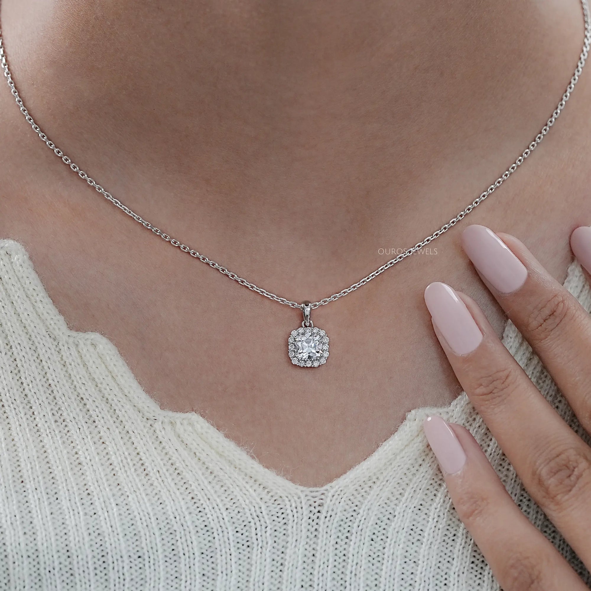 Old Mine Cushion Lab Diamond Halo Pendant Necklaces