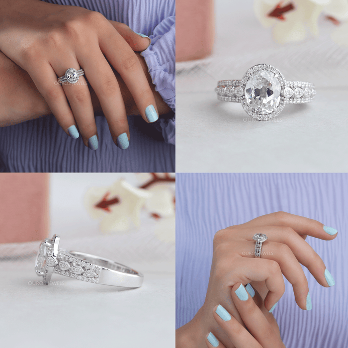 [Multi side view of vintage style old mine oval cut lab diamond halo engagement ring]-[Ouros Jewels]