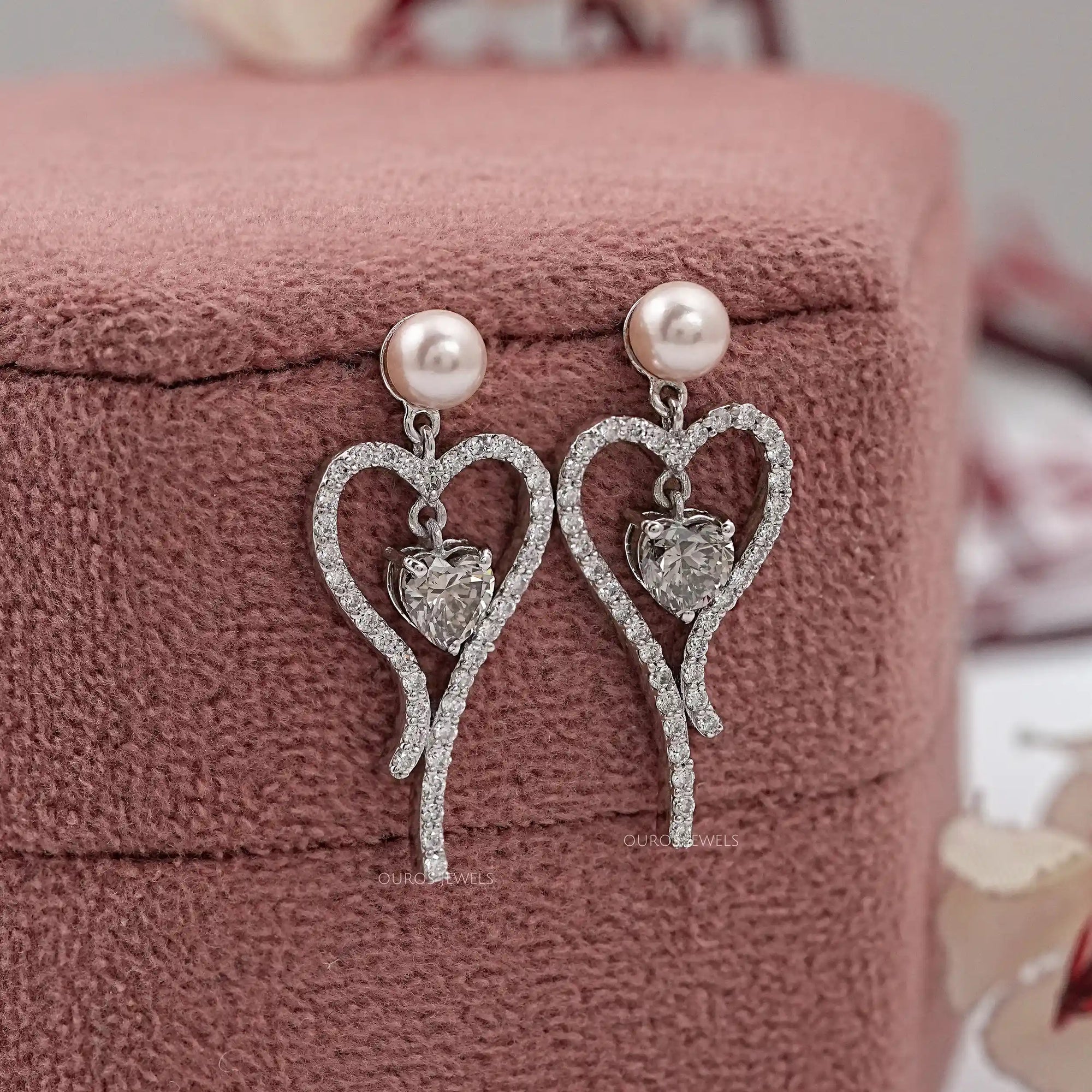 Olive Heart Diamond Pearl Drop Earrings