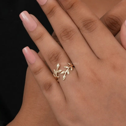 Olive Yellow Gold Leaf Bypass Ring Rings