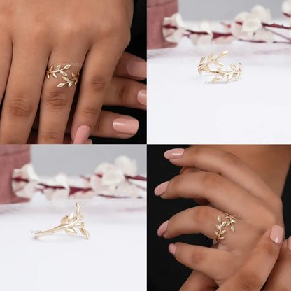 Olive Yellow Gold Leaf Bypass Ring Rings