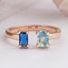 front view of opal and sapphire emerald lab diamond open cuff toi et moi wedding ring