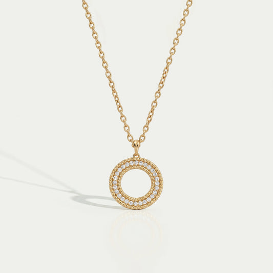 Lab Diamond Open Circle Double Beaded Border Pendant Necklaces