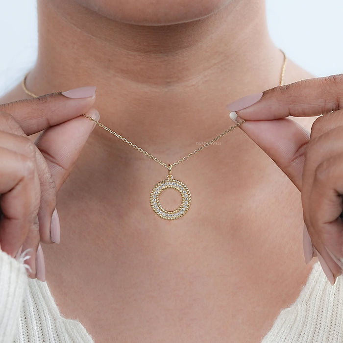 Lab Diamond Open Circle Double Beaded Border Pendant