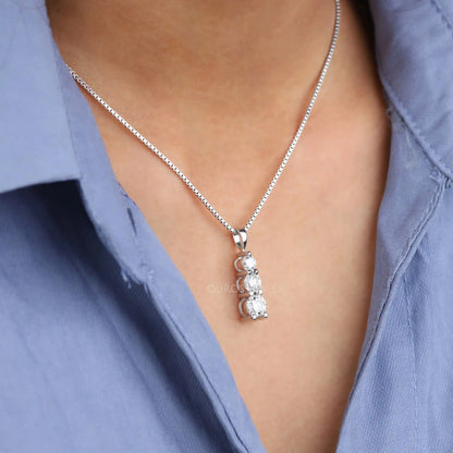 3 Stone Round Cut Lab Diamond Bar Pendant Necklaces