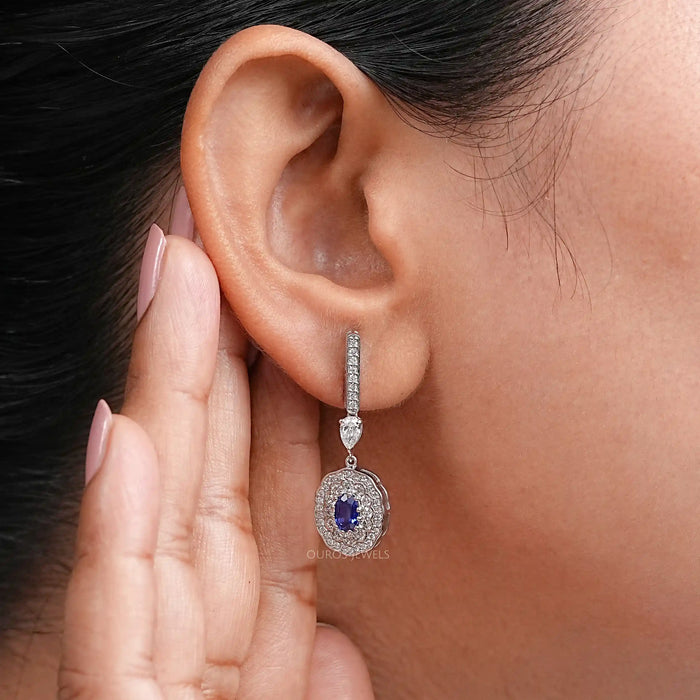 Oval Sapphire and Diamond Double Halo Earrings