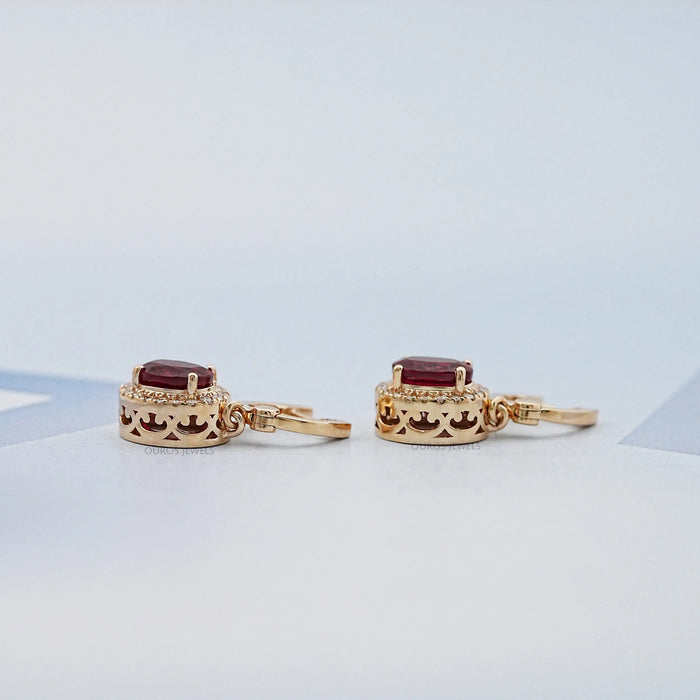 Ruby Oval Cut Halo Drop Dangle Earrings