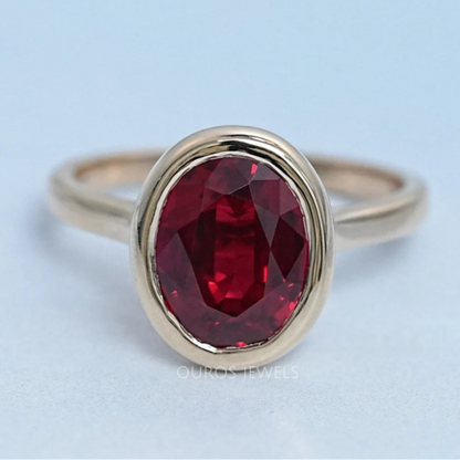 Oval Cut Ruby Lab Gemstone Bezel Set Solitaire Ring Rings