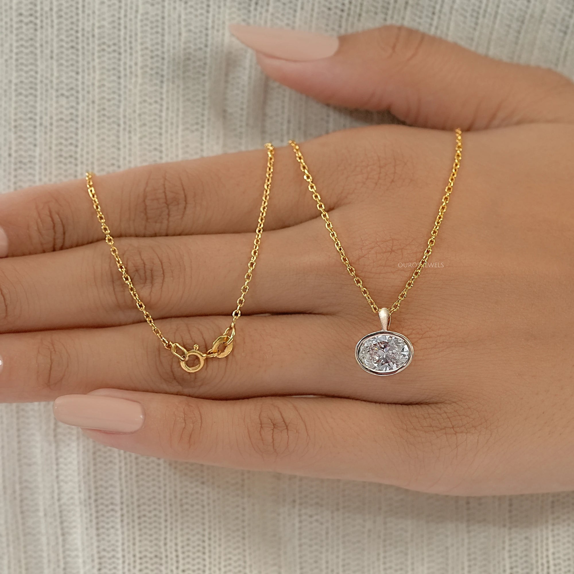 Oval Lab Diamond Bezel Set Solitaire Pendant Necklaces