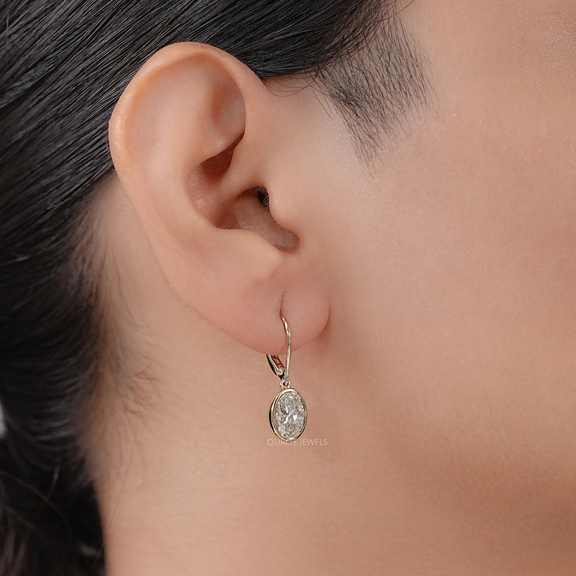 Oval Diamond Bezel Set Drop Hoop Earrings Earrings