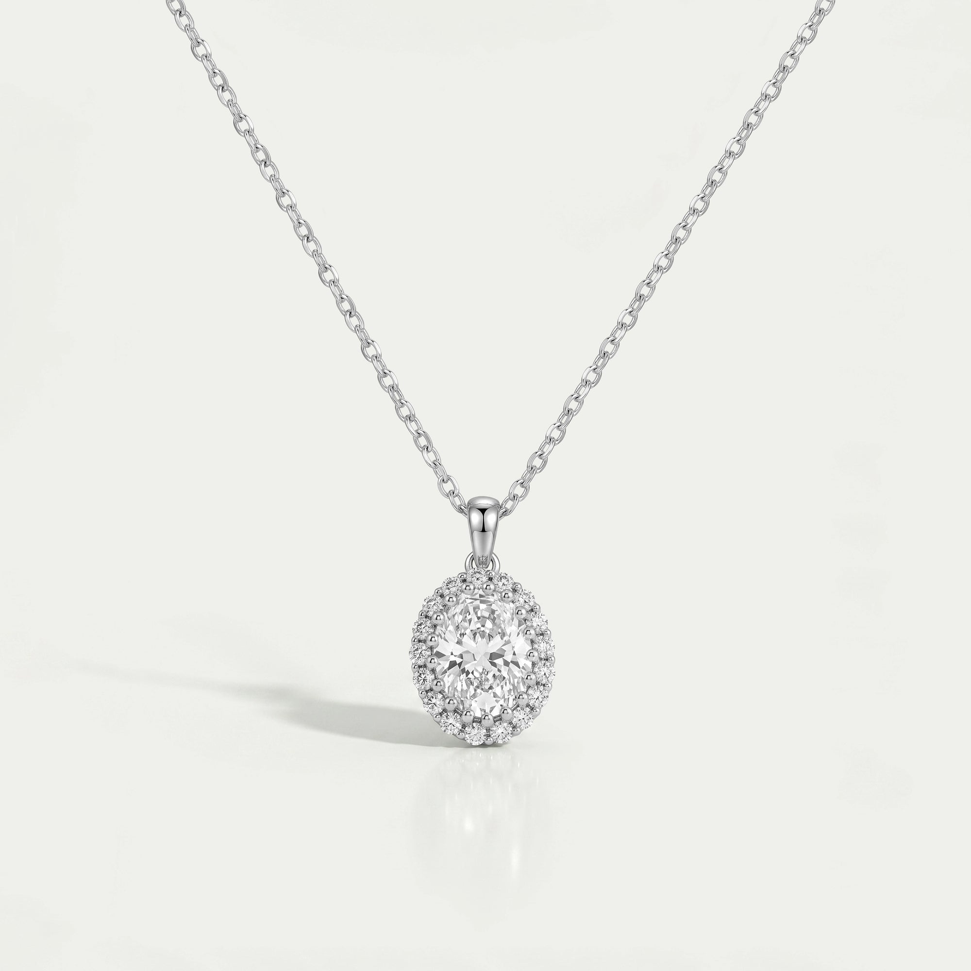 Oval and Round Lab Grown Diamond Halo Pendant Necklaces