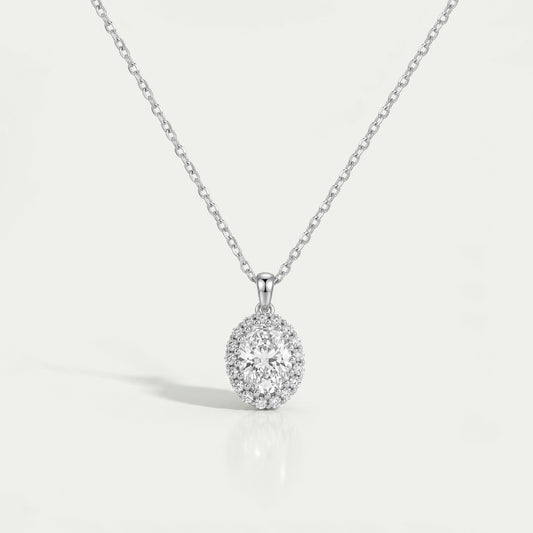 Oval and Round Lab Grown Diamond Halo Pendant Necklaces