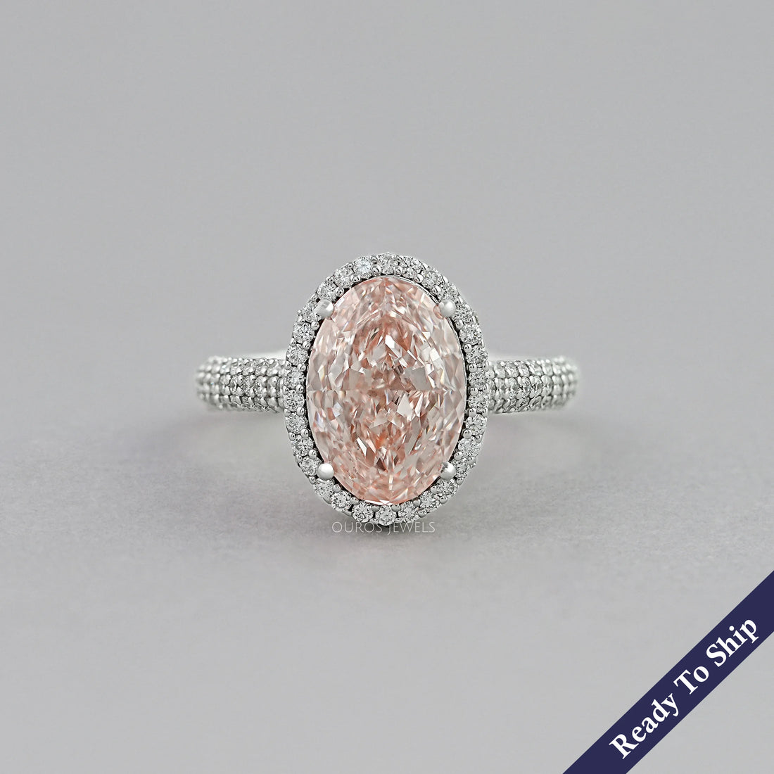 Fancy Pink Oval Diamond Pave Set Accent Ring Ring