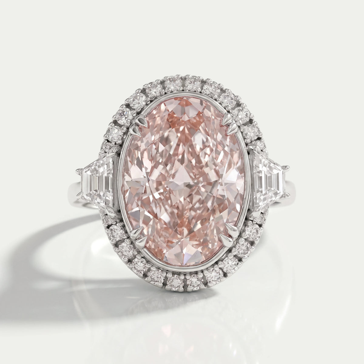 Trapezoid With Pink Oval Accent Halo Diamond Ring Rings