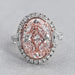 front view of pink oval diamond with trapezoid accent halo diamond ring