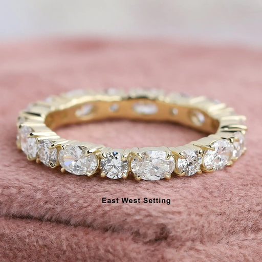 front view of oval and round lab grown diamond eternity wedding band yellow gold