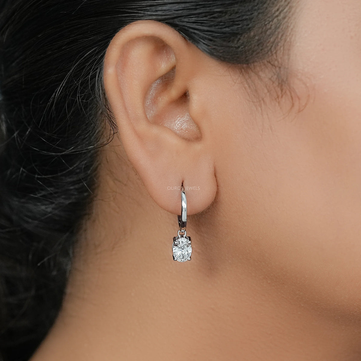 Oval Diamond Dangle Hoop Earrings Earrings