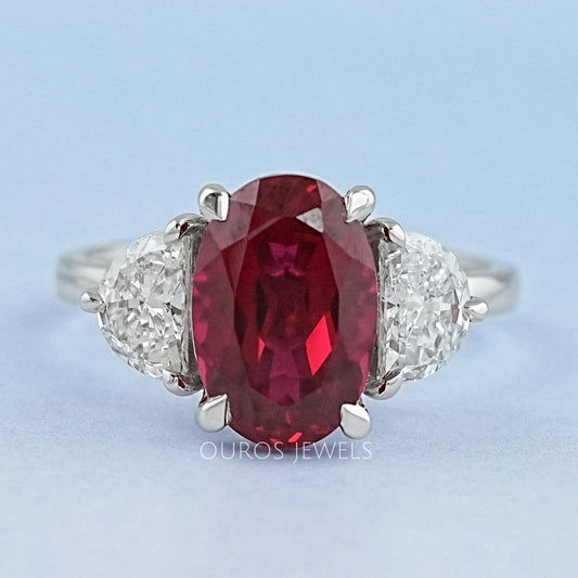 Ruby And Half Moon Diamond Three Stone Ring Ring