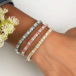 [A Women wearing Pink, Blue, Yellow Diamond Bracelet]-[Ouros Jewels]