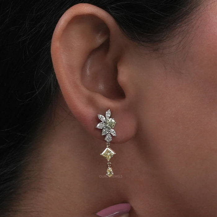 Boucles d'oreilles pendantes florales en diamant jaune et blanc