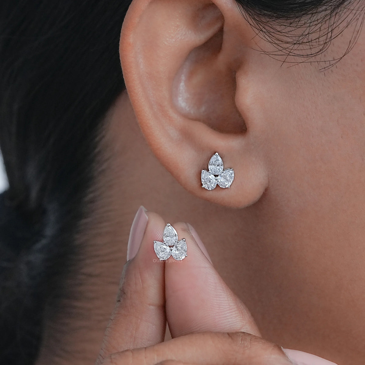 Three Stone Pear Cut Lab Diamond Stud Earrings Earrings