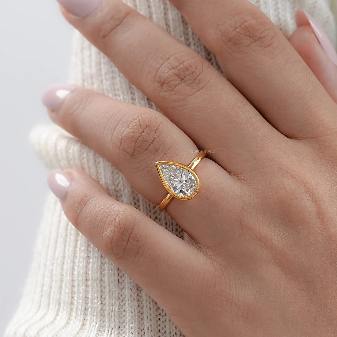 Bezel Set Pear Cut Lab Solitaire Ring Rings